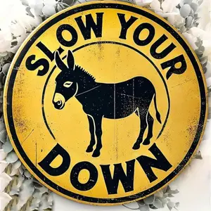 "Slow Your Down" Donkey Vintage Animal Metal Sign 8x8 Inch - Aluminum Decor for Bedroom, Kitchen, Bar & Indoor/Outdoor Spaces