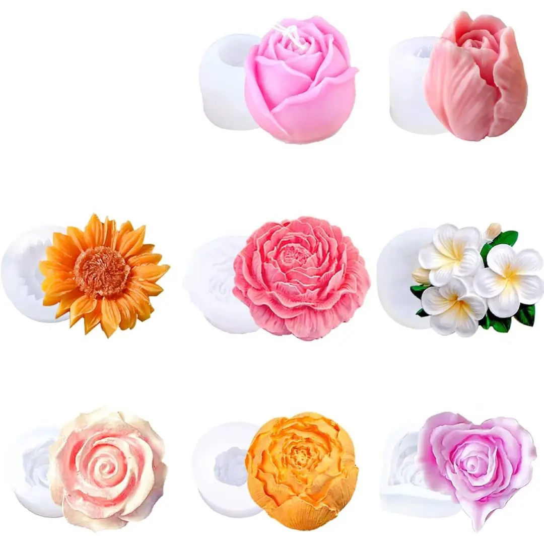 8-Pcs 3D Flower Flexible Silicone Molds - Rose, Tulip, Sunflower Designs, Easy-to-Clean for DIY Soap Making, Resin Making, Plaster Handicrafts (Sewing & Haberdashery Accessories)
