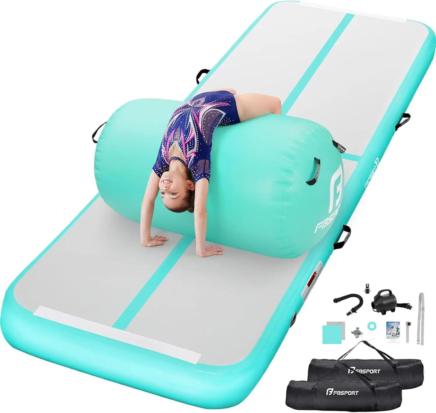FBSPORT Inflatable Air Gymnastics Mat 4 inches Thickness and Air Roller 40x23.6 inches with Electric Air Pump 10ft/13ft Training Mats for Home Use Cheerleading Outdoor Training Park Yoga Beach Water