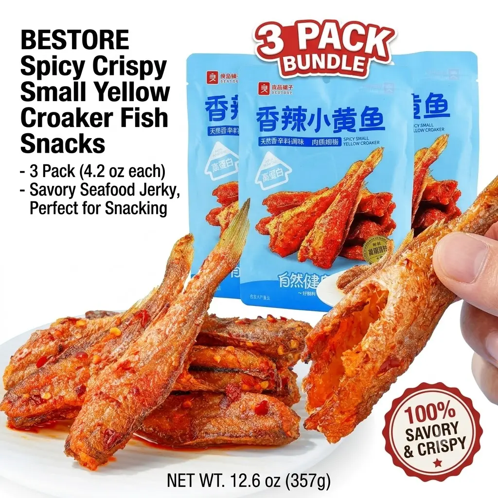 BESTORE Spicy Crispy Small Yellow Croaker Fish Snacks - 3 Pack (4.2 oz each) - Savory Seafood Jerky, Perfect for Snacking