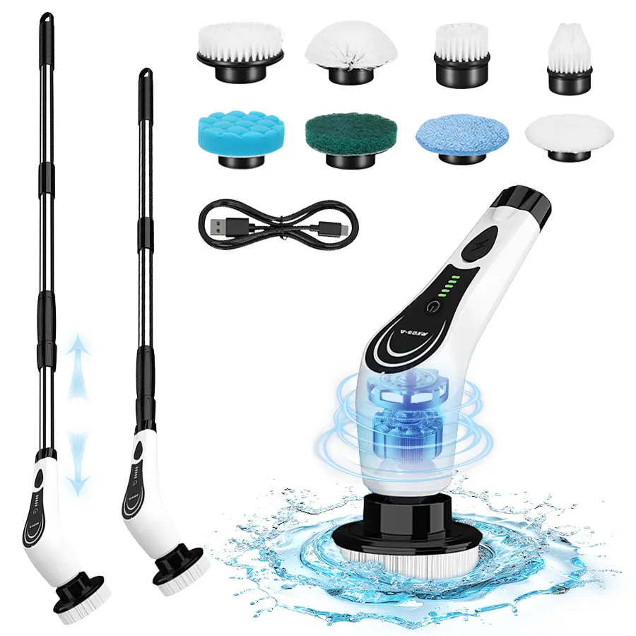 Cordless Electric Spin Scrubber with Cordless Freedom, IPX7 Full-Body Waterproof, 4 Replaceable Brush Heads, 3-Adjustable Extension Handle for Reach High & Low, 2-Speed for Bathroom, Kitchen