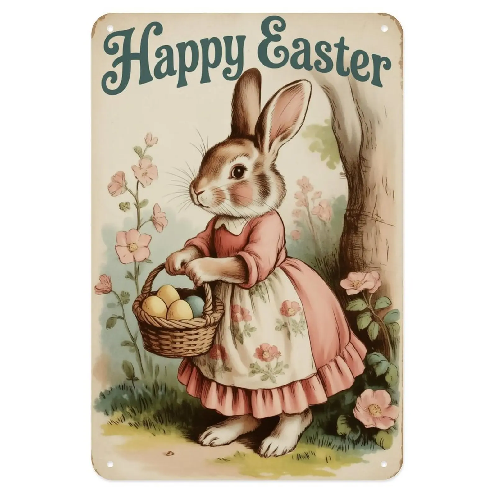 Happy Easter Bunny with Eggs Tin Sign, Vintage Spring Rabbit Decor Metal Sign Print Aesthetic Room Decoration for Home Bedroom Kitchen Bar Coffee Bathroom Indoor Outdoor Wall Decor, 8 X 12 in