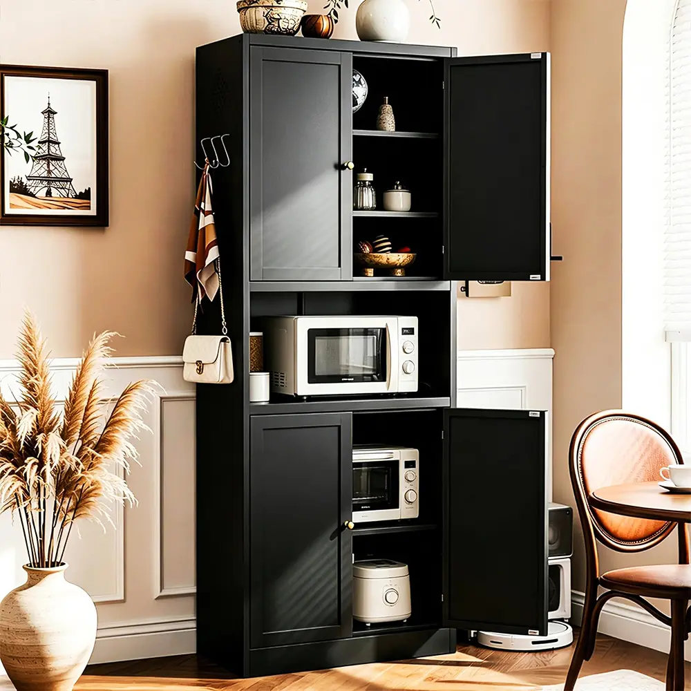 72 in Sturdy Steel Metal Kitchen Pantry Cabinet - Freestanding Cupboard with 3-Tier Adjustable Shelves, 4 Doors, Microwave Stand, Furniture for Kitchen, Interior Storage Furniture (Assembly Required)