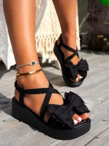 Women's Thick Sole Bow Sandals, Comfortable Cross Ankle Strap Design, Slip-On Style, Beach Vacation Casual Shoes