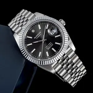 Sloess Classic Stylish Unisex Swiss Movement Waterproof Mechanical Watch with Silver Band and Black Dial