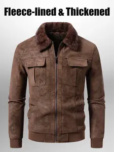 Men's Fleece Lined Suede Jacket, Warm Fur Collar, Winter Casual Motorcycle Style Leather Coat, Outdoor Fashion Outerwear