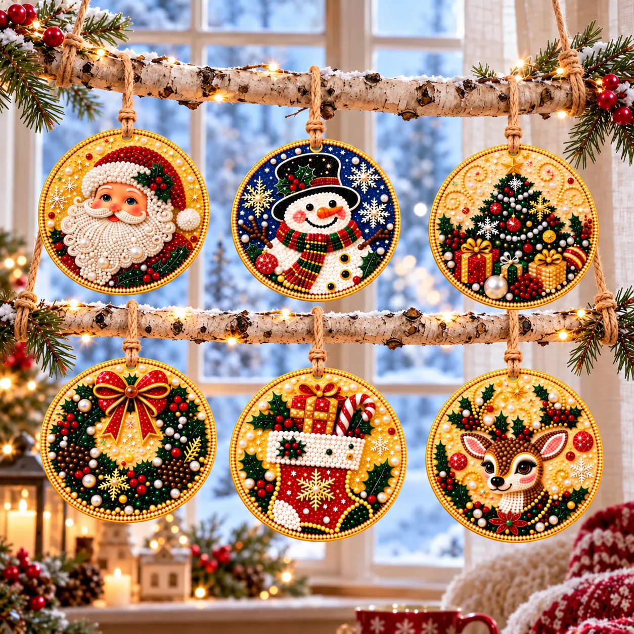 6 PCS 5D Diamond Art Christmas Ornament Sets, DIY Diamond Painting Kits for Adults, Holiday Craft Gift, Christmas Tree Hanging Decoration