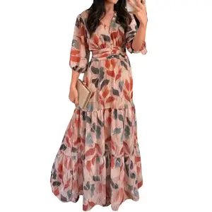 2026Women's Plants Print V-Neck Puff Sleeve Maxi Dress graduation