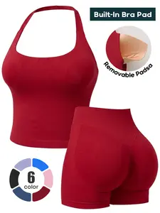 Solid Color Halter Top High Waist Shorts Set | Quick Dry Breathable Sportswear, Summer Casual Active Outfits for Women Yoga Gym Fitness Running