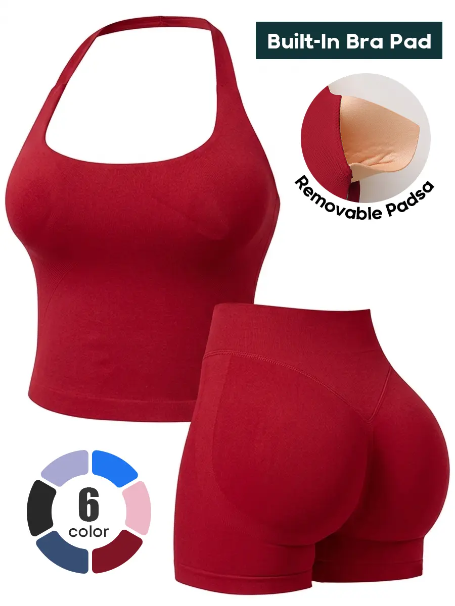 Solid Color Halter Top High Waist Shorts Set | Quick Dry Breathable Sportswear, Summer Casual Active Outfits for Women Yoga Gym Fitness Running Gym Yoga Clothing Gym Workout Clothes Gymwear Activewear
