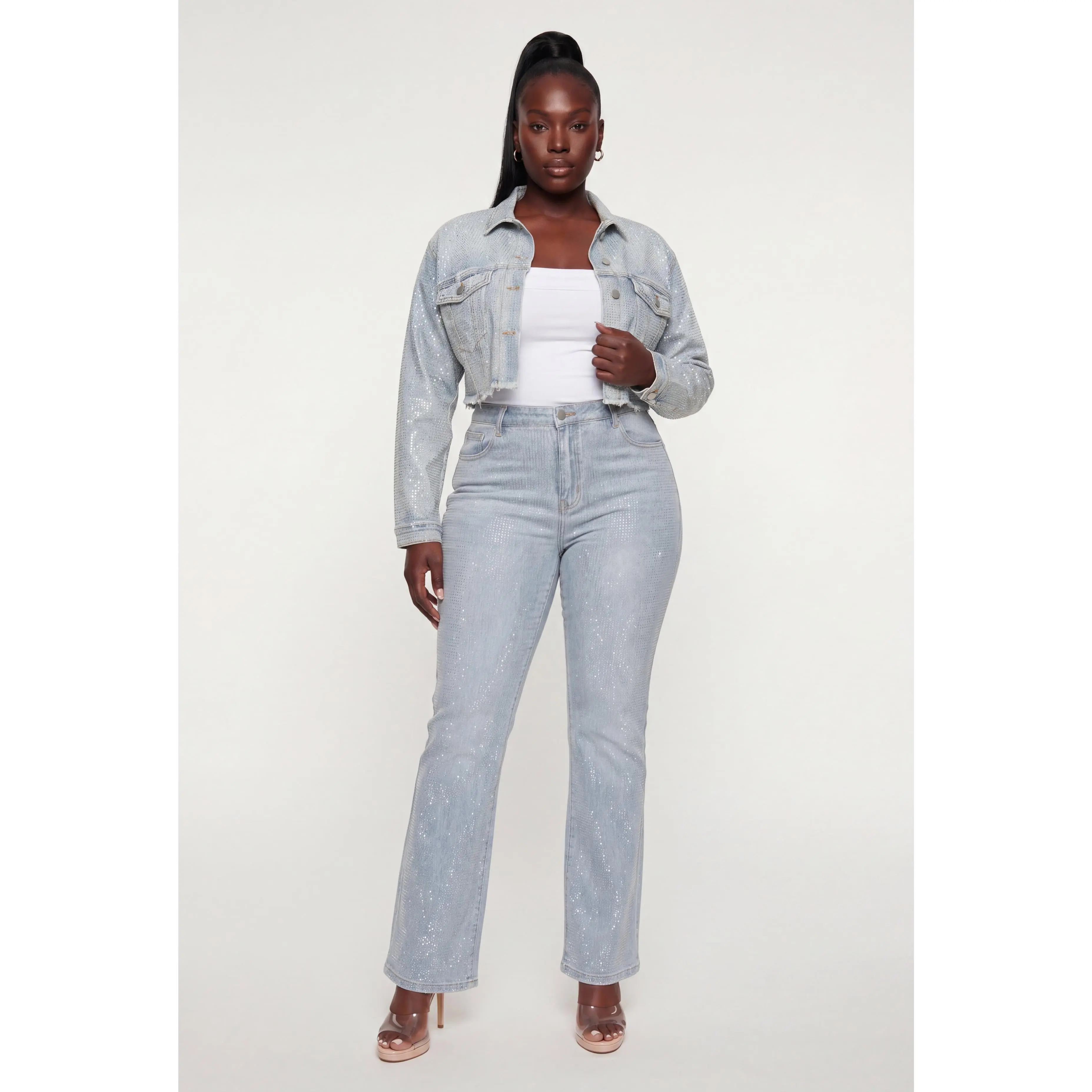Plus Size Rhinestone Cropped Denim Jacket