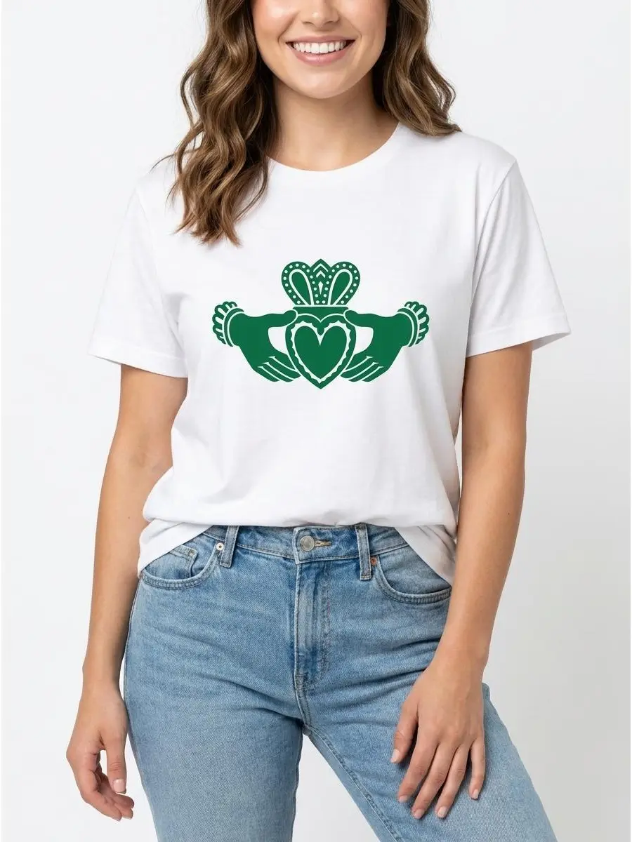 Claddagh Ring Tee Irish Celtic Graphic 100% Cotton White S-5XL Women Heritage-apparel Casual-wear Meaningful-gift St-Patricks-Day, Shortsleeve, Round Neck, Soft, Printed, Chic, Fits