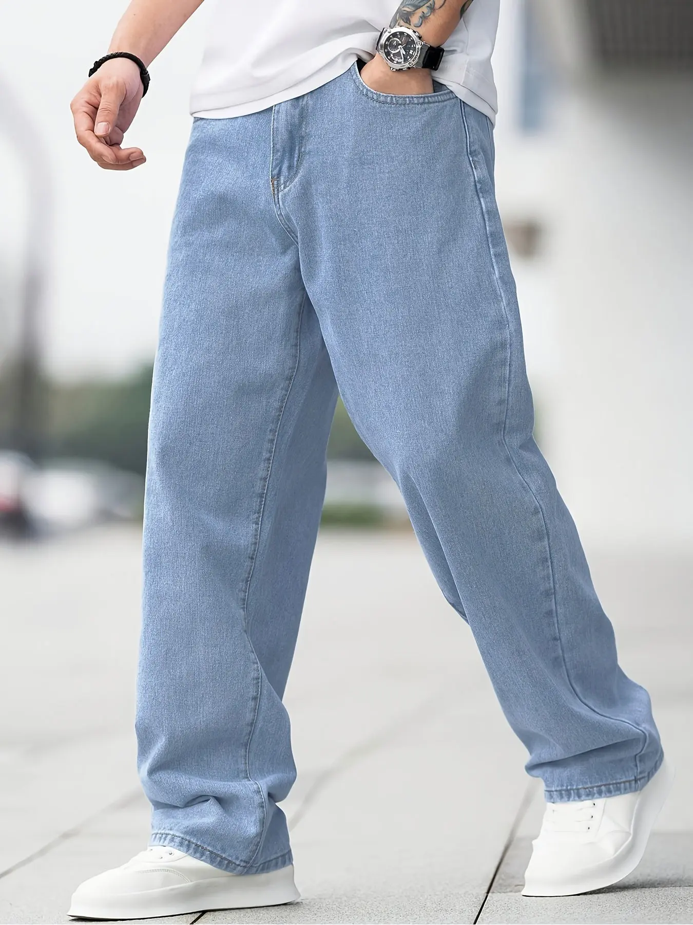 Men's Plus-Size Natural Fabric Long Denim Pants - Spring-Summer Amekaji Casual, Soft Plain Loose Regular Fit Midwaist Ease Baby Blue, Zipper Fly, Buttons, Pockets, Cooling Cooler Wear, Multi-Size 2XL Menswear Jeans