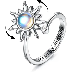 Adjustable Open Fidget Ring For Women Kids Girls Anxiety Rings Silver Sunflower Opal Moonstone Star Moon Snow Lotus Spinner Mood Rings Knuckle Rings Personalized Jewelry