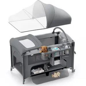 BabyBond 5 in 1 Foldable Baby Bassinets Bedside Sleeper for Newborn Infant, Large Playard Pack with Mattress,Storage Basket and Mosquito Net, Height Adjustable Baby Crib for Nursery, Ideal Christmas Gift for Toddler