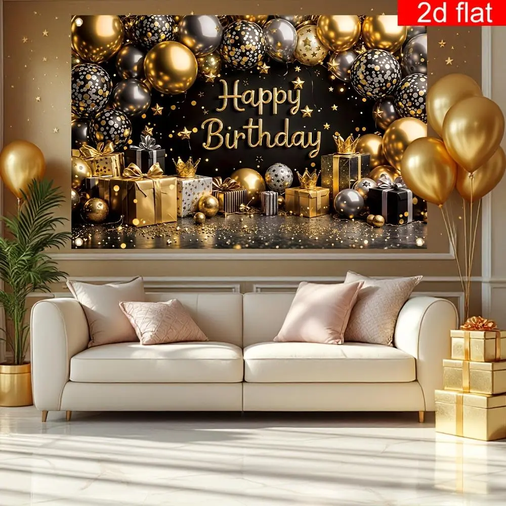 1pc 2D Flat Happy Birthday Party Banner - Black & Golden Crown Balloon Design with "Happy Birthday" Text, Durable Polyester Photography Backdrop, Wall Decor for Indoor/Outdoor Use