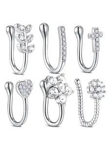 6pcs/set Multi-Style Rhinestone Decorated Fake Nose Ring, Fake Nose Piercings, Nose Rings Set, Punk Style Non Piercing Nose Ring For Women & Girls, Body Jewelry Accessory For Party, Daily Clothing Decor, Sparkle And Fun