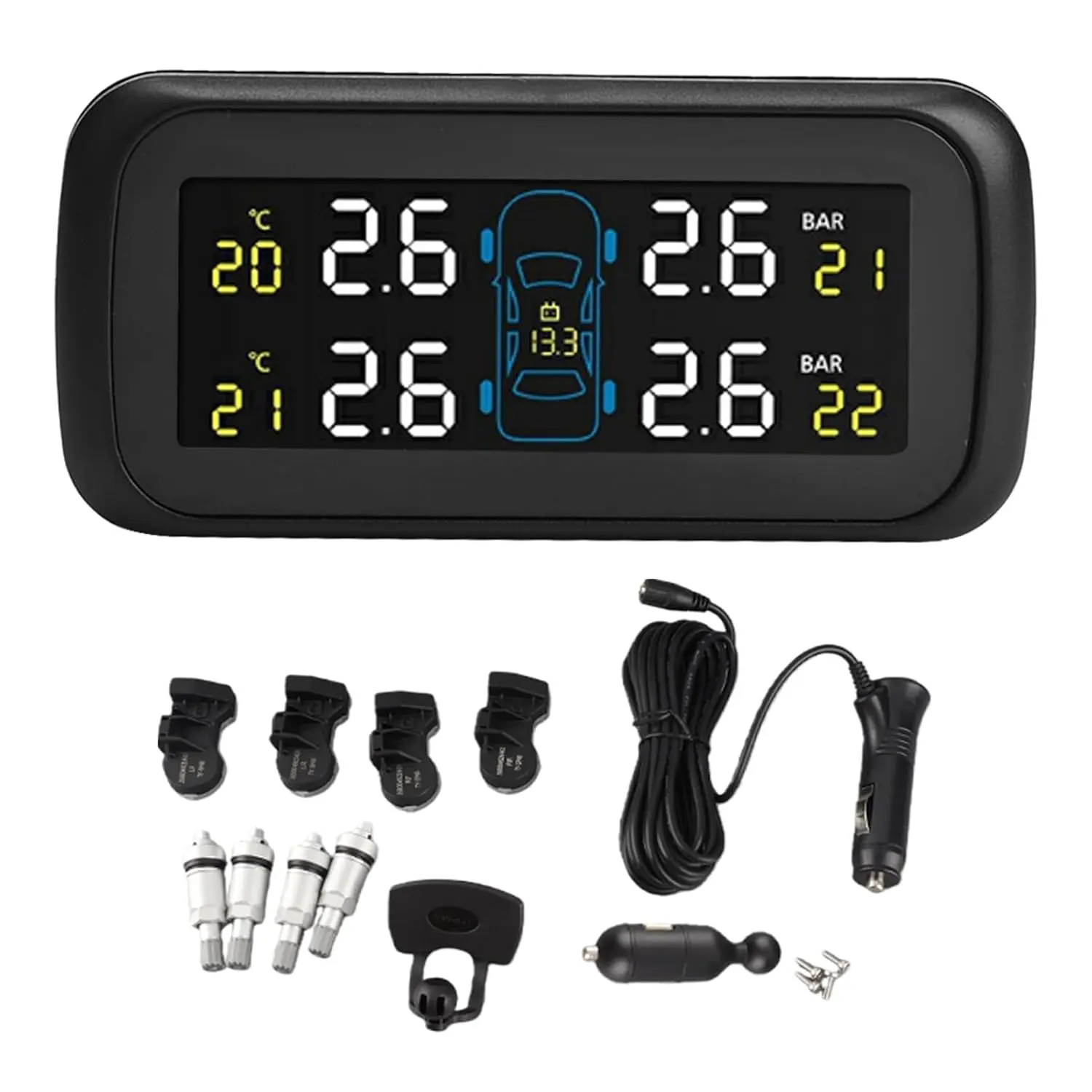 Tire Pressure Sensor, ar TPMS Tyre Pressure Monitoring System LD igarette Lighter USB 4 Internal Sensor, Blak, Pressure Range: 0~99psi（0~6.8bar）