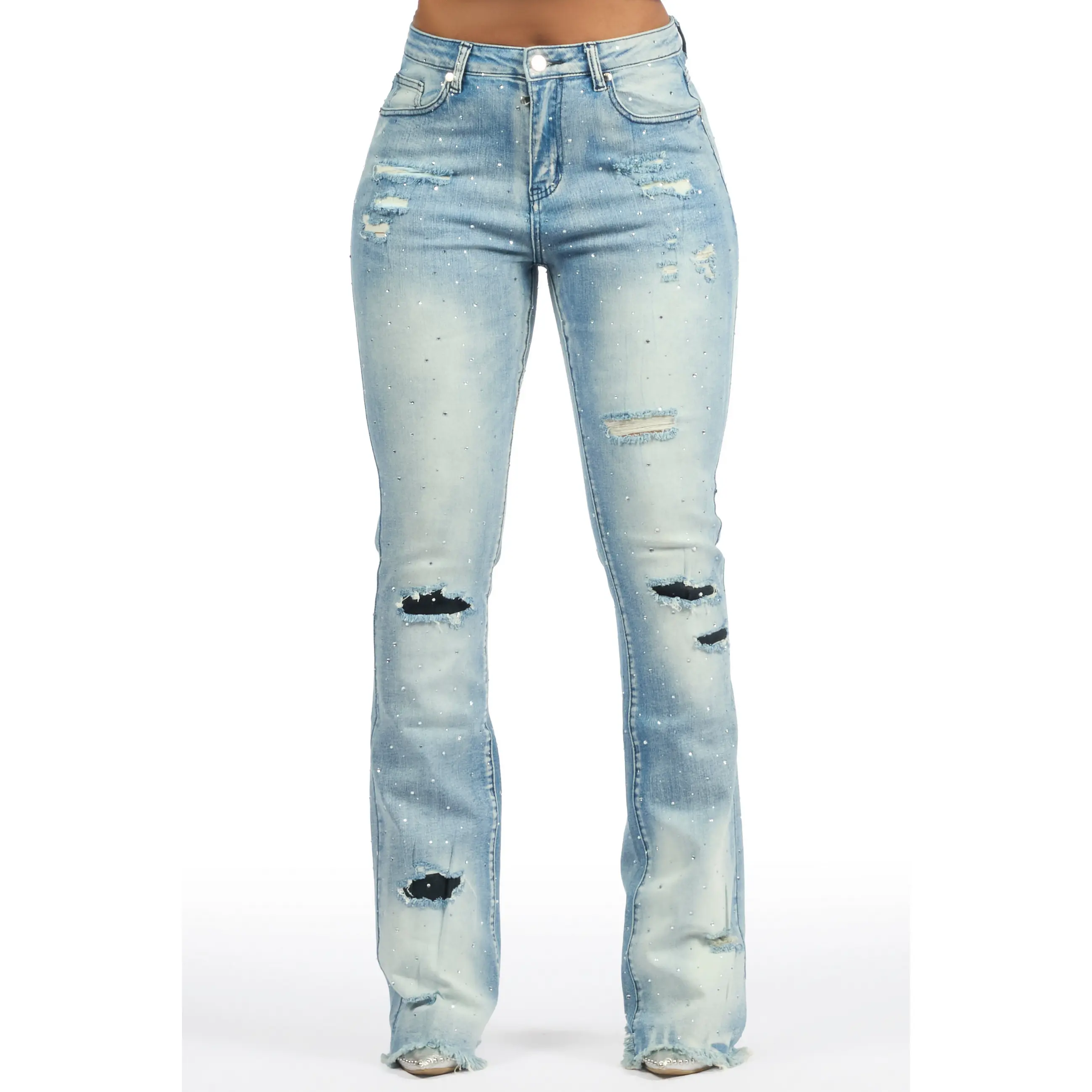 Kelle Med. Wash Rhinestone Stacked Jean