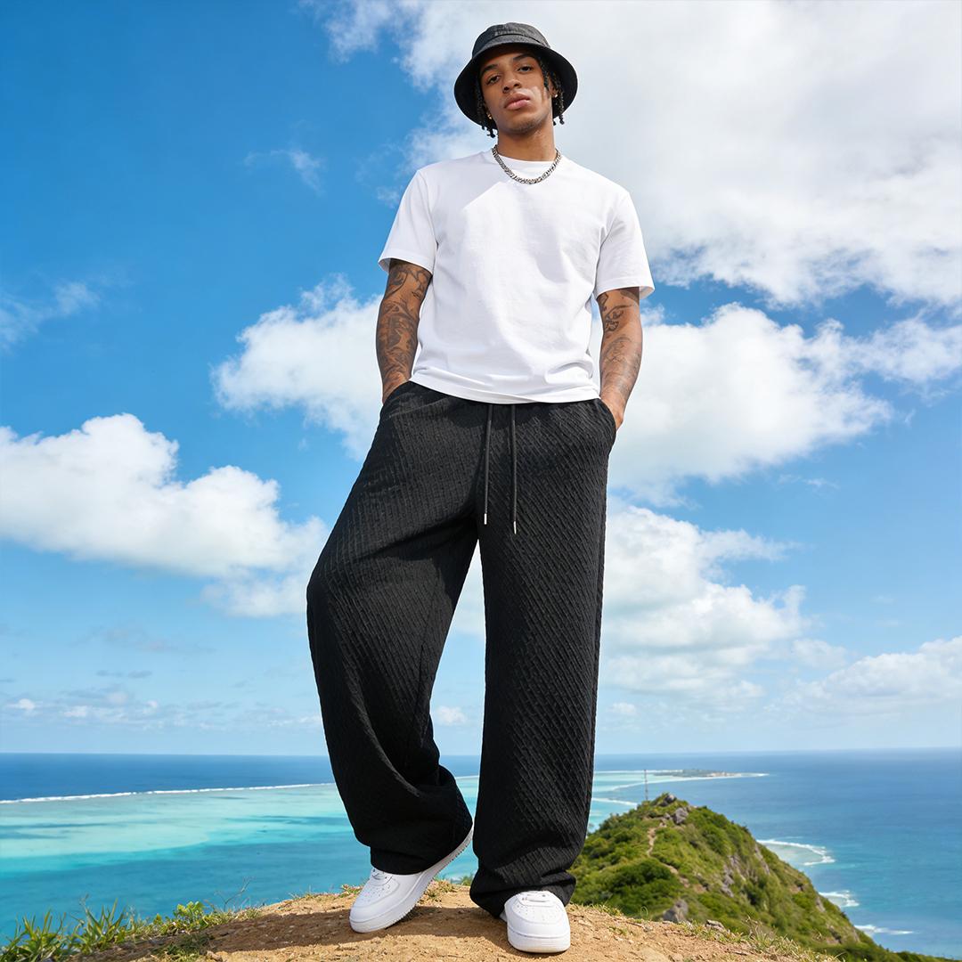 Plus-size men's straight-leg twill jacquard casual trousers, street style loose wide-leg athletic pants