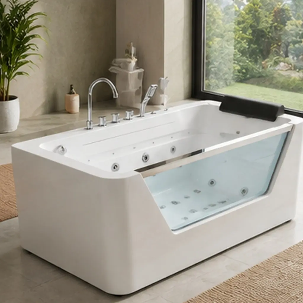 67 Inch Whirlpool Bathtub Hydrotherapy Jetted Tub with Glass Panel, 7 Jets, 3-Side Apron, 89 Gallon Capacity, White Acrylic Freestanding Soaking Spa Massage Bathtub for Bathroom Home Master Suite, Home Furniture and Household Product Search