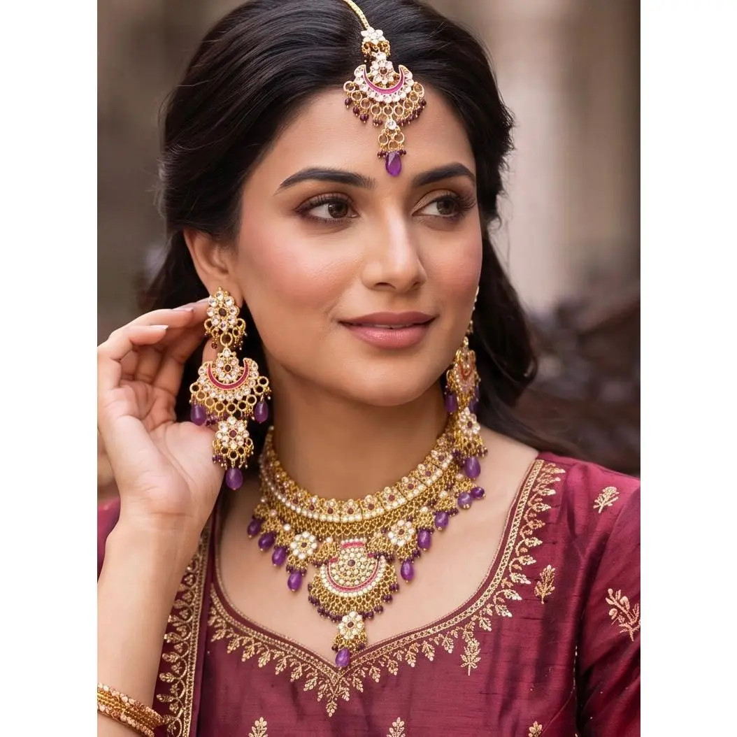 Purple Indian Pakistani Afghan Bridal Jewelry Set with Earrings & Maang Tikka | Gold Tone Crystal Rhinestone Necklace Set | Wedding Jewelry Gift Box Included 7013