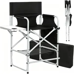 41" Foldable Tall Director Makeup Artist Chair, Portable, with side table, cup holder, storage bag, footrest, 400 lbs load capacity, black