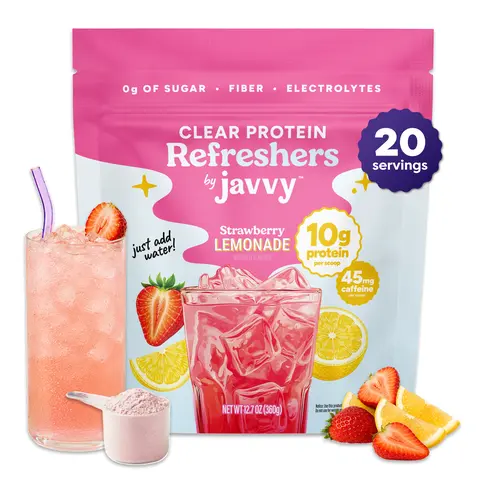 Javvy Strawberry Lemonade Refresher - Premium Clear Whey Protein Drink with Electrolytes, Fiber, 45mg Caffeine, 0g Sugar, 100% Natural Flavors, 0 Artificial Colors & Sweeteners - 20 Servings
