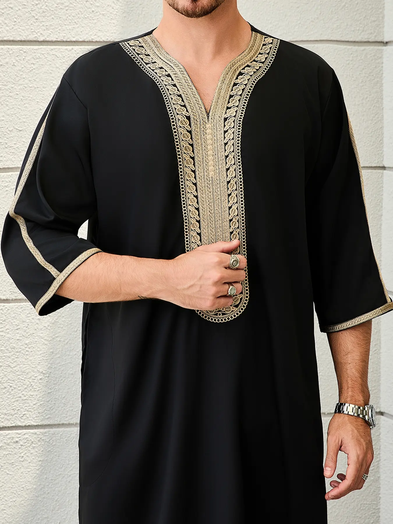 Muslim Traditional Robe Moroccan Style Men's Mid-Sleeve Robe Gold Ethnic Embroidered Collar Eid Al Adha Festival Clothing Authentic Saudi Thobe Traditional Arabic Robe Islamic Thobe For Muslim