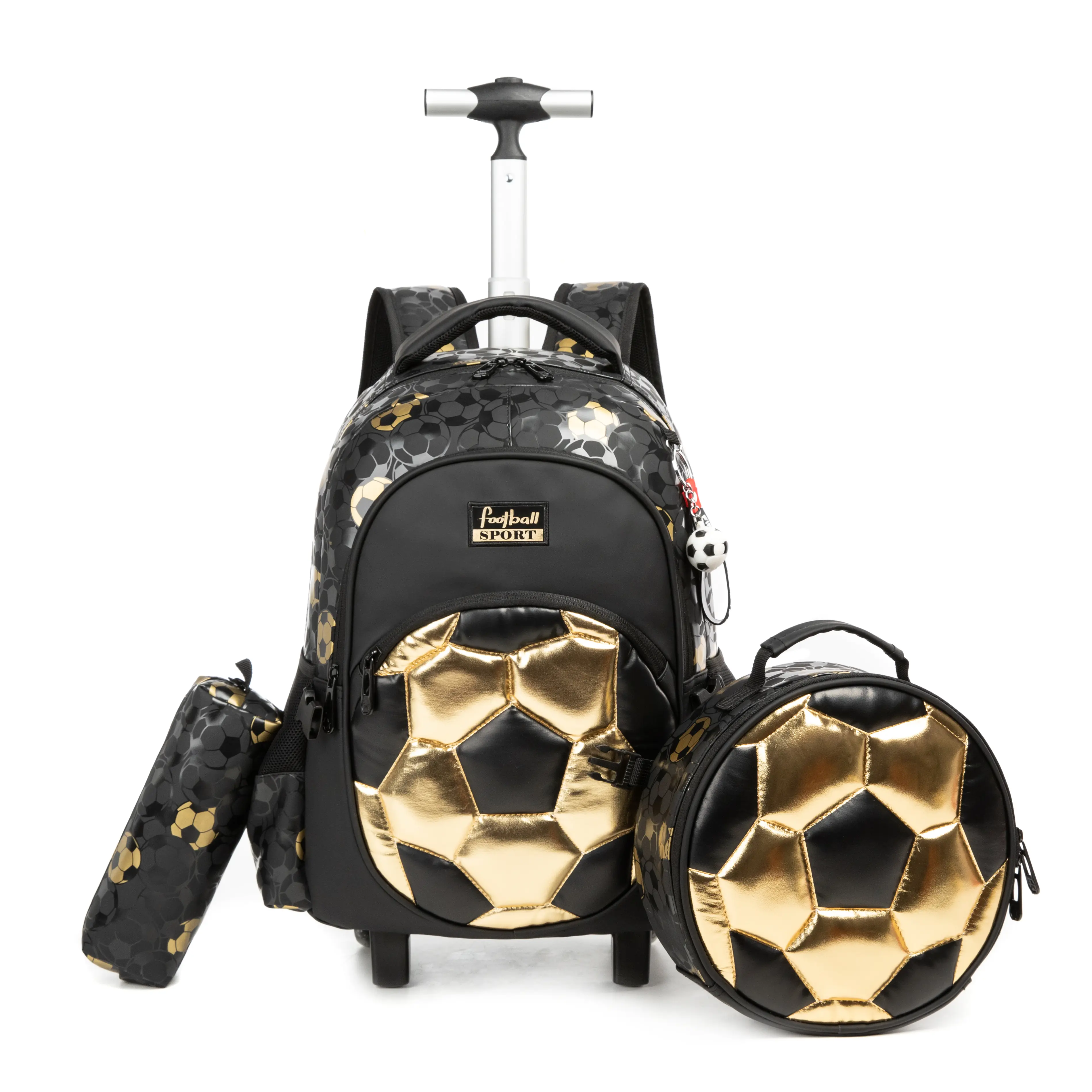 Boy's Wheeled Backpacks for School, 3-in-1 Metallic Graphic Soccer Trolley Bag Set in Nylon with Insulated Lunch Tote & Pouch, 3-In-1 Set, Chic, Spinner Wheels, Easy Transport, Handle, Luggage/Trolley Bag, Hand Wash Only, Back To School Haul, Waterproof