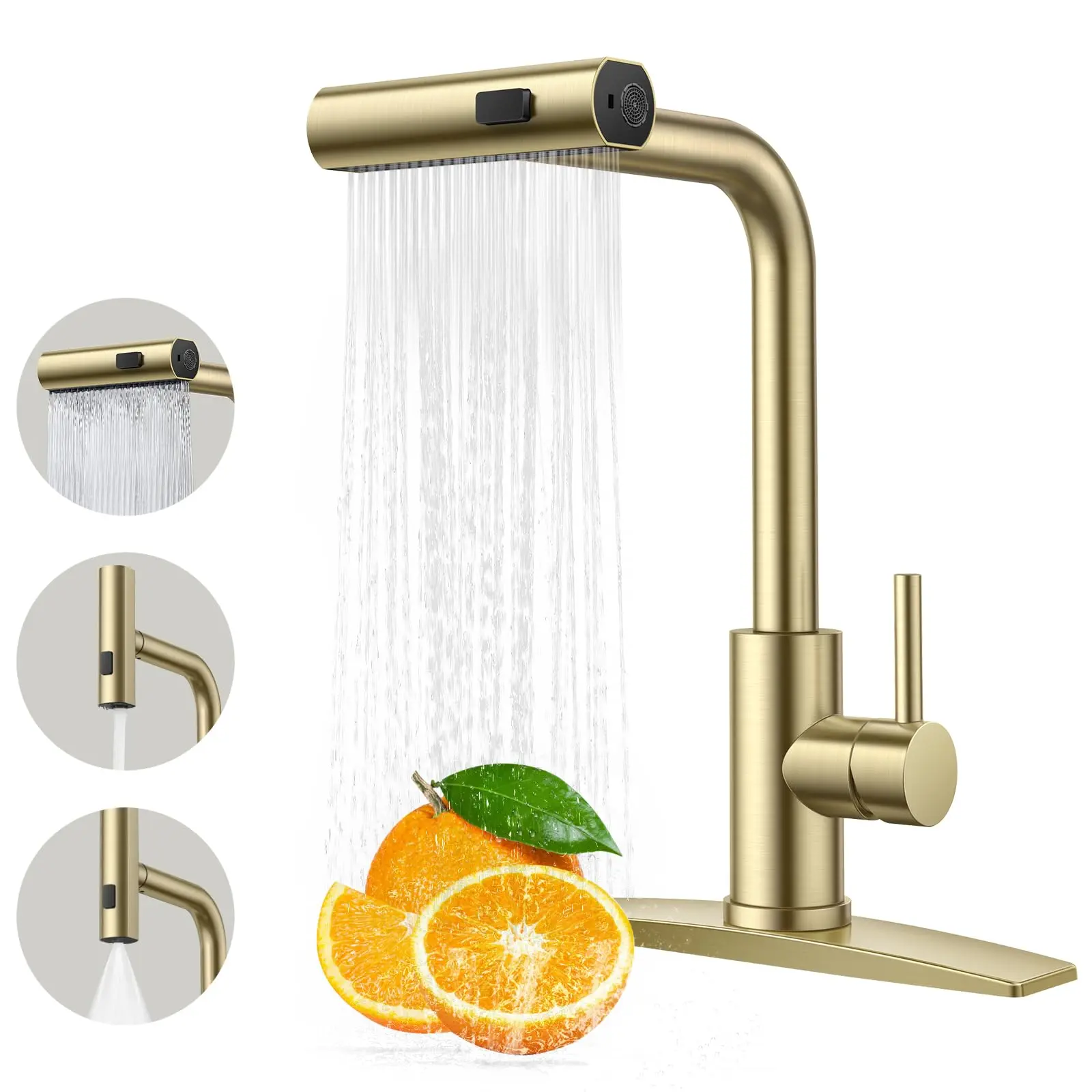 Forious Gold Elegant Durable Steel Pull Down/Pull Out Kitchen Faucet, Modern Single Handle Waterfall Tap with Sprayer, 1 or 3 Hole Stainless Steel Kitchen Sink Fixture, Pull Out Faucet homeessentials
