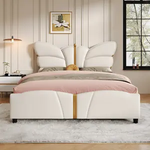 Queen Size Upholstered PU Leather Bed Frame, with Butterfly Shaped Headboard and Footboard, Platform Bed Frame with Gold Metal decorations, No Box Spring Needed, Beige