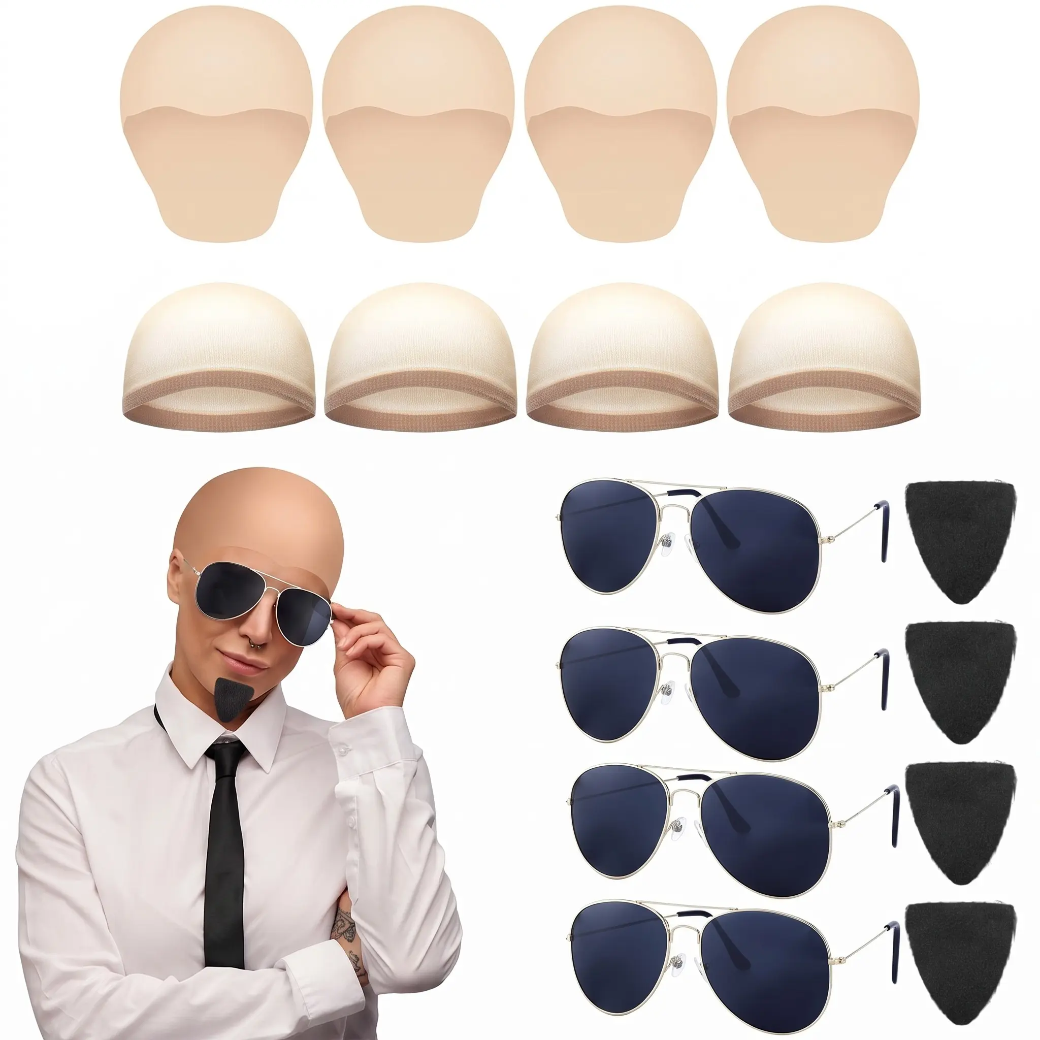 4 Pcs Halloween Costume Accessories Set with Smooth Beige Bald Cap Aviator Sunglasses Fuzzy Black Mustache Goatee for Party Dress Up Stage Performance Theme Event Photo Booth Festival Costume Prop Masquerade