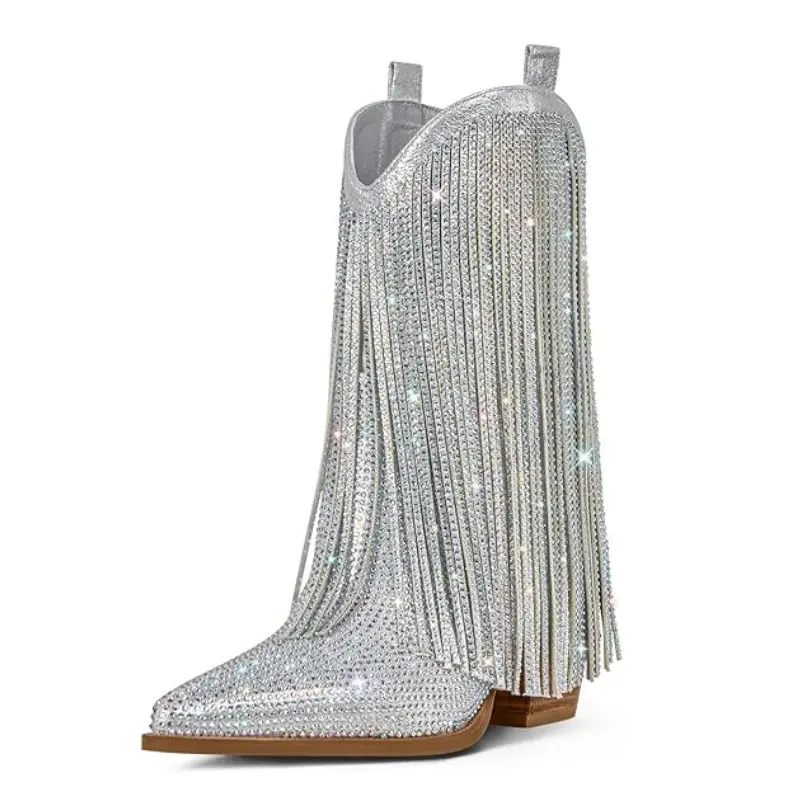 Cowboy Boots for Women - Cowgirl Rhinestone Boots with Sparkly Fringe Pointed Toe Western Boot Chunky Heel Pull-On Wide Calf Botas Vaqueras