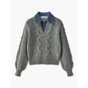 Denim Panel Ribbed Lapel Sweater