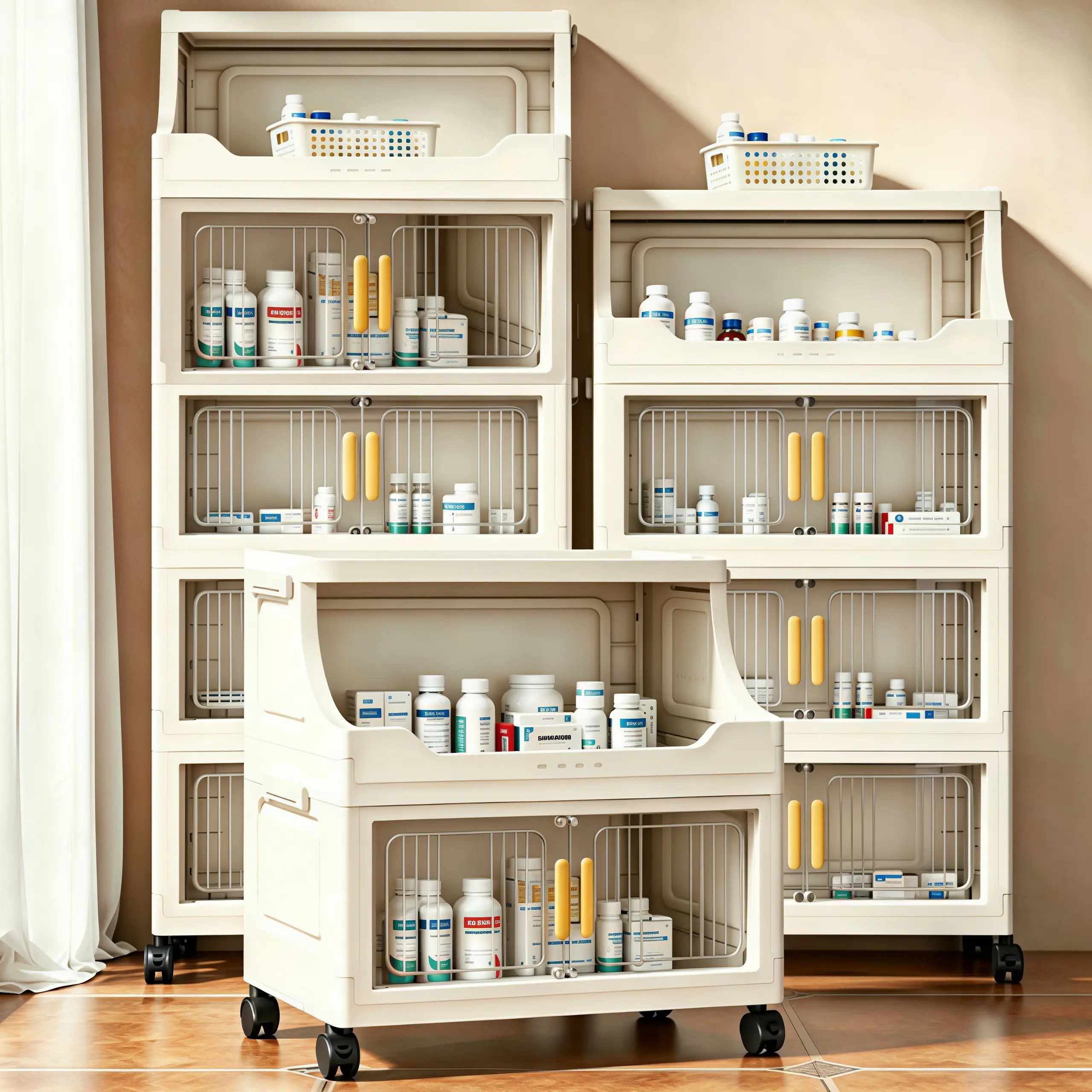 Large Capacity Foldable Medicine Storage Cabinet, Portable Rolling Organizer With TransparentDouble Doors, Stackable Modular Household Drug Storage, Easy Assembly For Bedroom, LivingRoom, Kitchen, Bathroom Family Medical Supplies