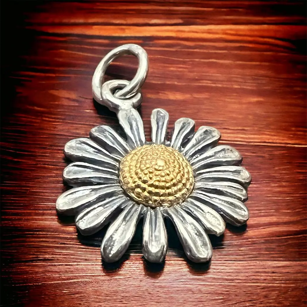 Petite Sterling Silver Daisy with Bronze Charm/Pendant — Two-Tone Floral Western Statement