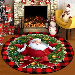 Round Christmas Santa Carpet, Creative Foldable Washable Non-Slip Plush Rug, Large Area Easy Clean Mat for Living Room Bedroom Hallway Checkered Rug