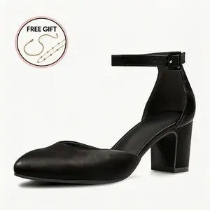 Women's Gilaa Closed Toe Low Chunky Heels Pumps Ankle Strap Wedding Business Round Toe Block Dress Shoes