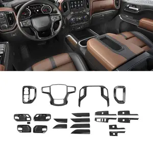 21-Piece Black Wood Grain Car Interior Decor Cover Trim Kit - Self-Adhesive, DIY Installation, Scratch Protection, Car Interior Accessory for 2019-2021 Chevy Silverado Trucks