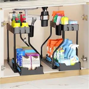 2-Tier R-Shaped Expandable Pull-Out Under-Sink Storage Shelf - Large Capacity Space-Saving Plastic Kitchen Organizer with Adjustable Shelves, Countertop Cabinet Organizer for Bathroom & Kitchen, Space-Saving Vertical Storage Rack for Utensils