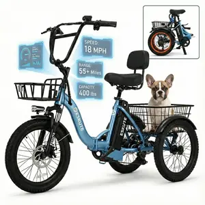ESKUTE Foldable Electric Tricycle for Adults 1200W Fat Tire 3 Wheel Ebike 48V 55 Miles Range with Large Basket 18" x 3" Fat Tire Cargo Tricycle trike  adult