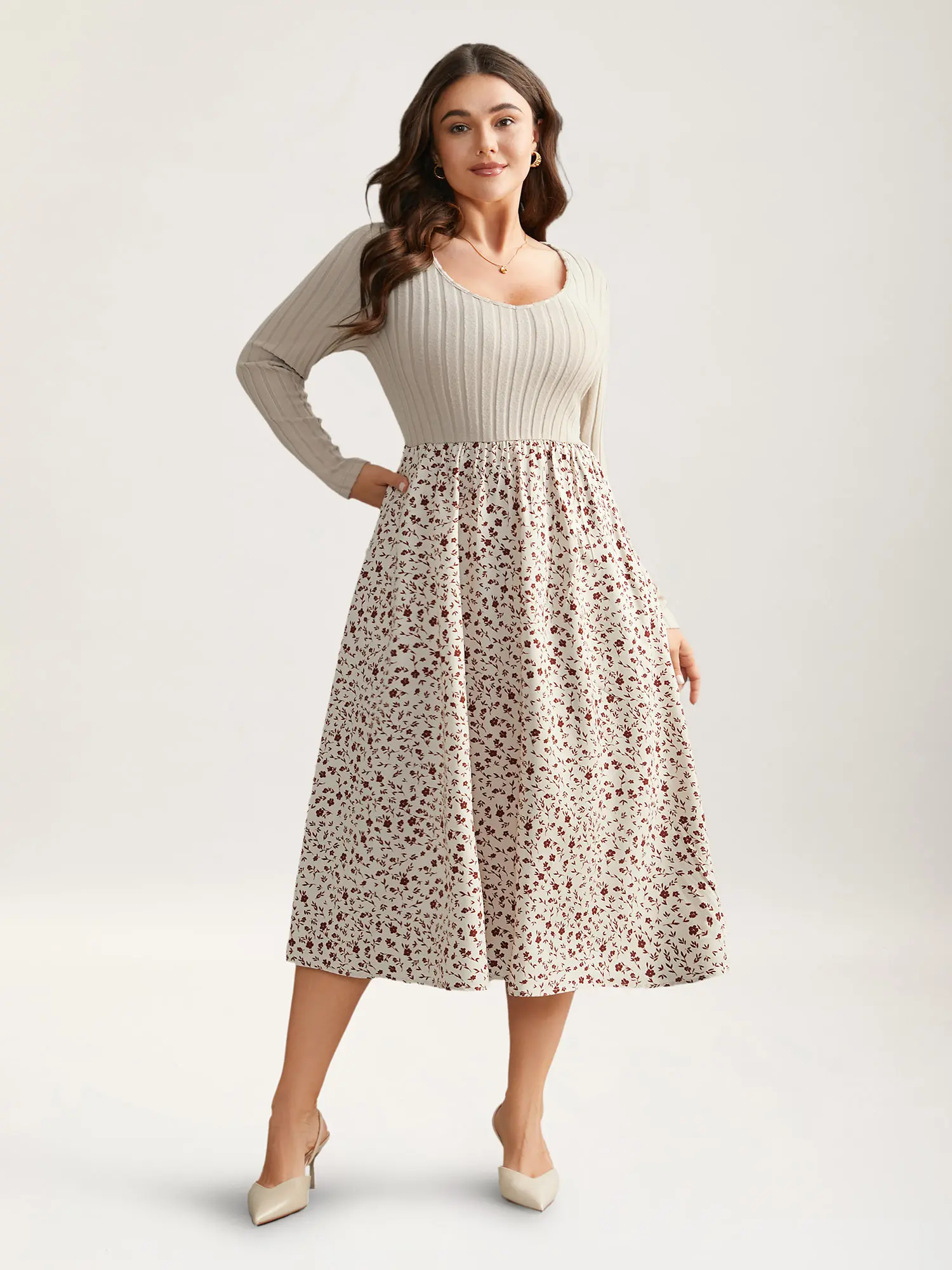 BloomChic Women's Plus Size Boho Casual Dress - Bohemian Ditsy Floral Patchwork V-Neck Long Sleeve Midi, Lightweight Polyester Fabric, Pockets, Elegant Wedding Guest Attire, Plus Size Fashion, Affordable Stylish Casual Wear