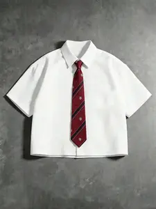 Unisex White Cropped Short Sleeve Shirt with Badge Tie Preppy Y2K Retro Streetwear Top
