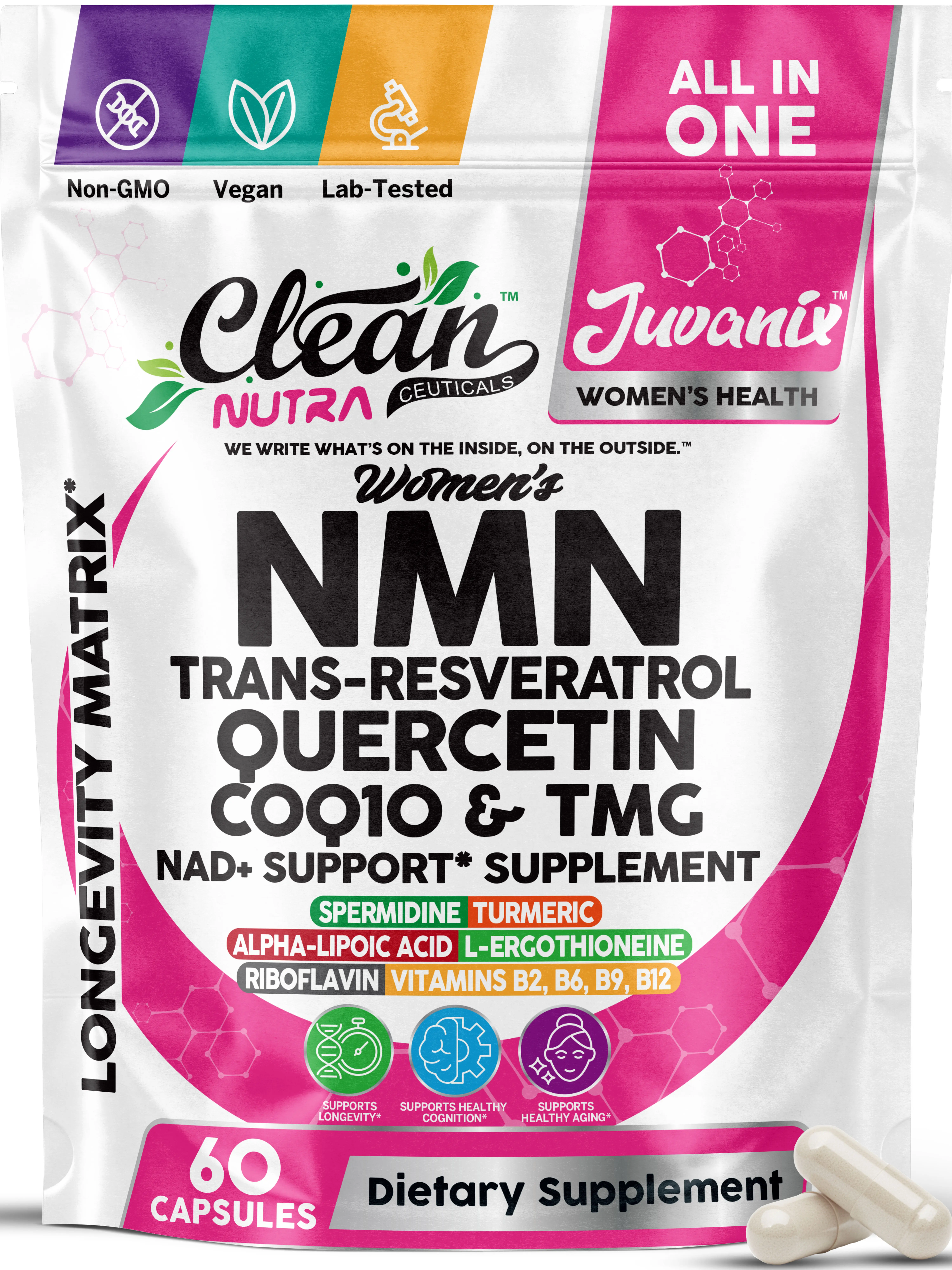 NMN Supplement 500mg NAD+ Resveratrol for Women – Womens NMN NAD Supplement with CoQ10 Quercetin Quercetin CoQ10 – Longevity Anti Aging Cellular Energy Brain Health – Nicotinamide Mononucleotide – 60 Capsules – Clean Nutra Juvanix