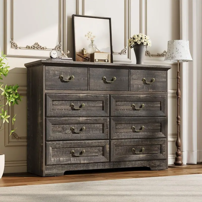 47"w×35.5"h Modern Dark Rustic Grey Rectangle 9-Drawer MDF Vintage Dresser, Natural Texture, Vintage Gold Floral Handles, Bracket Legs, Farmhouse Storage Organizer for Bedroom, Living Room Furniture, Wood
