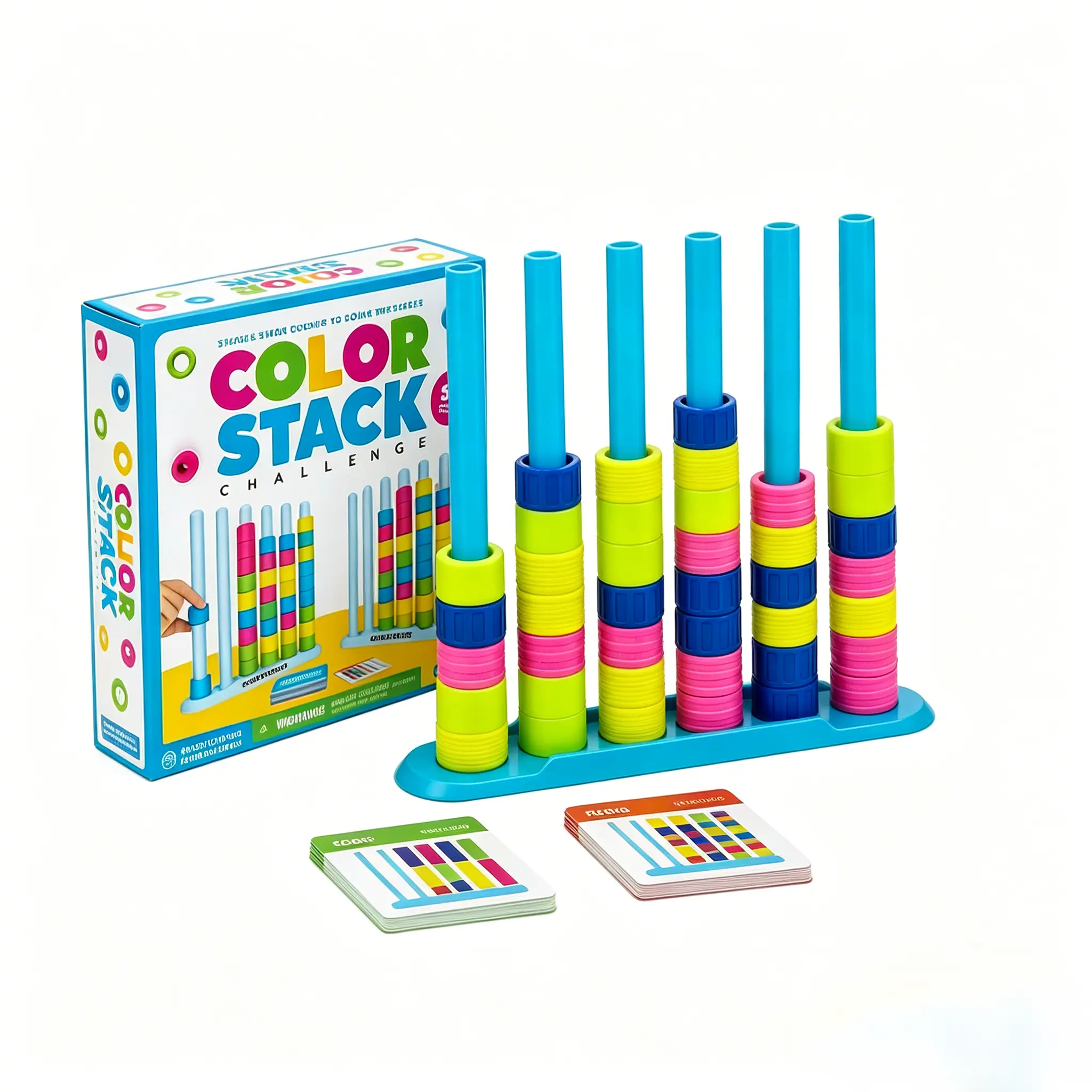 colorful Color Stack Challenge Puzzle Game, Fast-Paced Color Sorting Stacking Game for Kids Teens Adults Family Game Night, Complete Set with Stack Rack, 40 Color Rings & 50 Dual Difficulty Challenge Cards