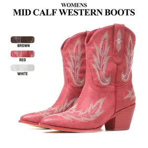Womens Mid Calf Embroidered Cowboy Boots Pointed Toe Chunky Block Heel Pull On Comfy Fashionable Party Holiday Outing Concert Dress Casual Spring Summer Western Cowgirl Boot
