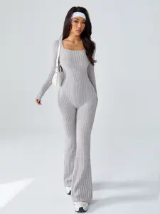 Women's Ribbed Sporty Jumpsuit, Tight Fit Outerwear, Comfortable Yoga Jumpsuit, Below the Ankle, Sexy Style, Fall & Winter, Sporty Comfy Jumpsuit