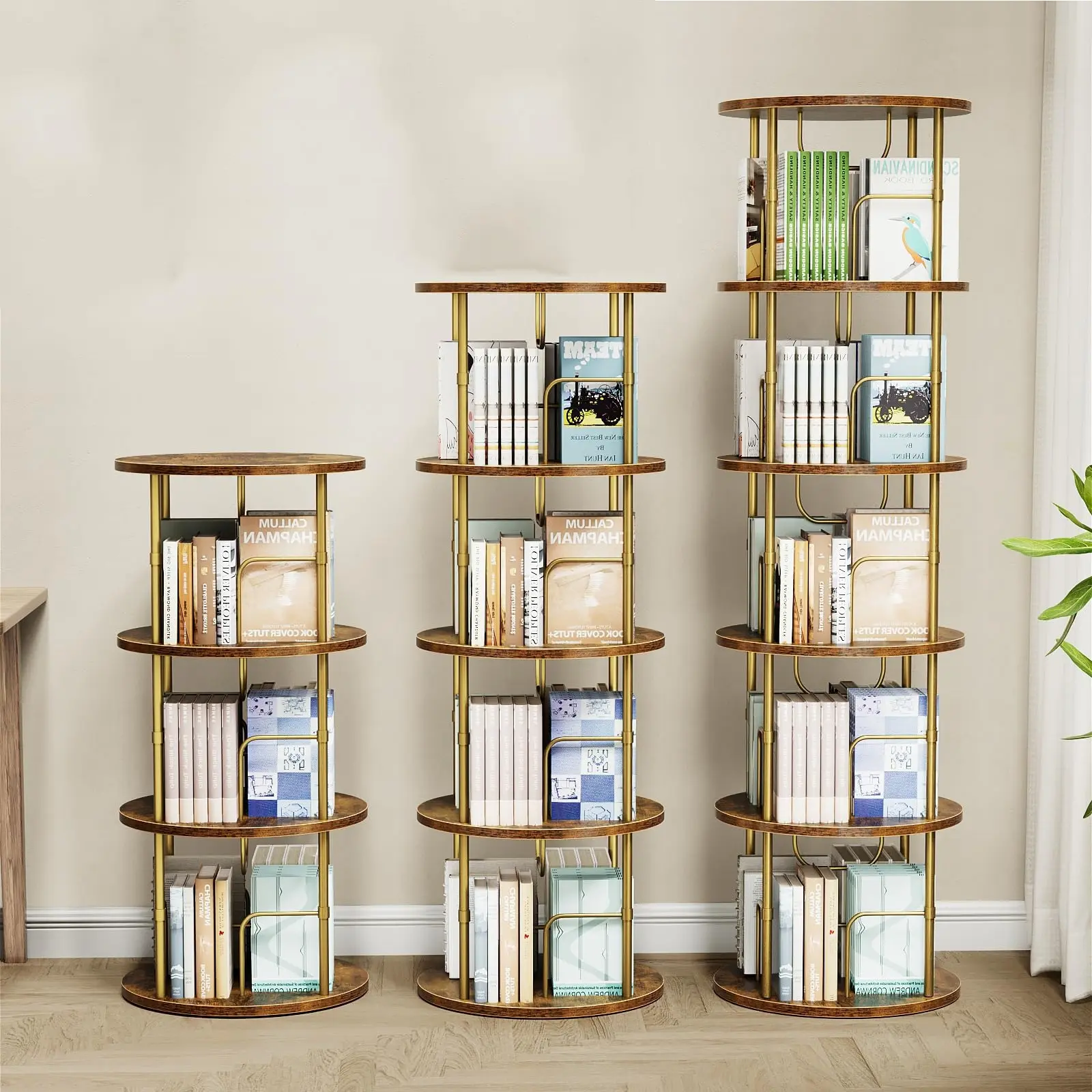 Gold Circular 360° Rotating Stackable Bookcase - Narrow Width Floor-Standing Multiple Tiers Shelves, Home Decor Book Storage Organizer for Bedroom/Living Room Corner, Rotates 360°
